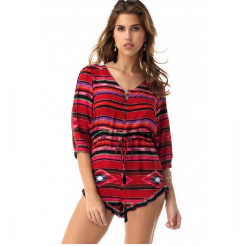 Sky red short sleeve romper.